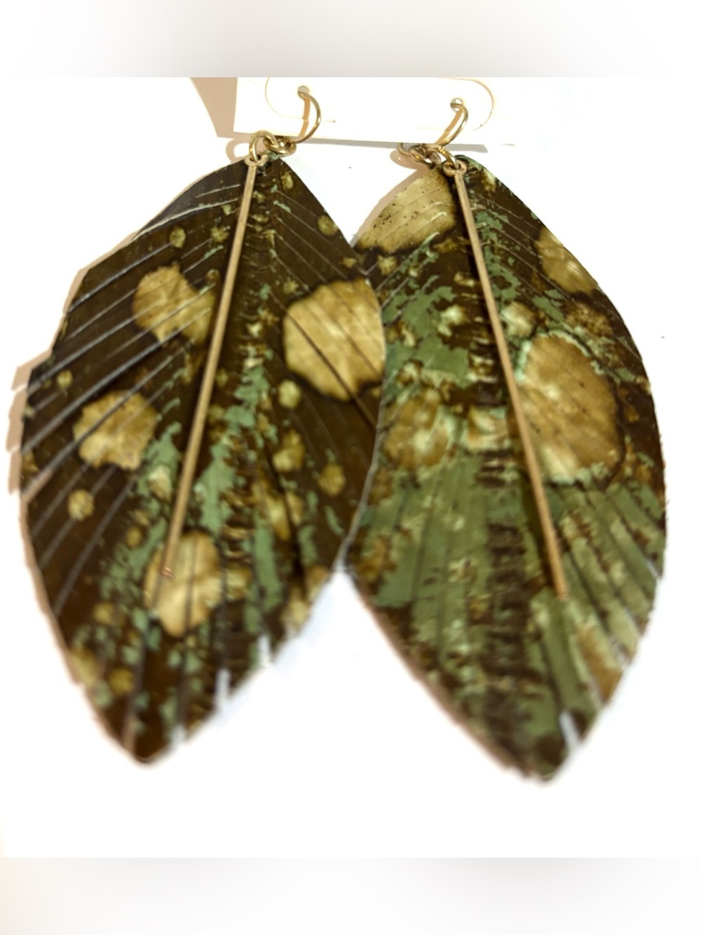 Feather leather Dangle Earrings in Olive Green and Gold